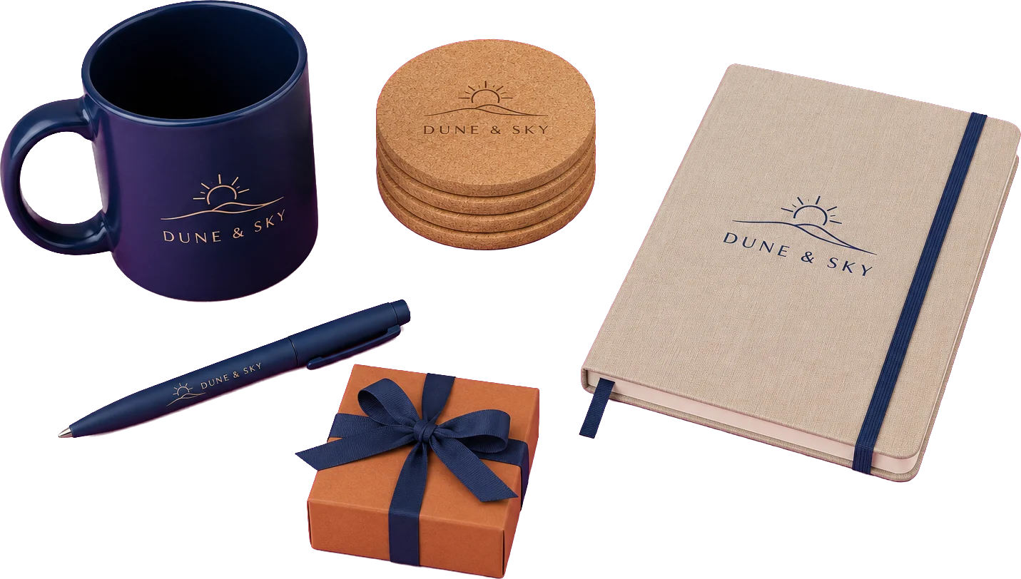 Dune & Sky guesthouse corporate merchandise - branded mug, cork coasters, linen notebook, pen and gift box